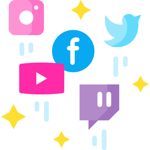 Illustration de diverses icônes de médias sociaux, notamment Instagram, Twitter, Facebook, YouTube et Twitch, entourées d'étincelles stylisées.