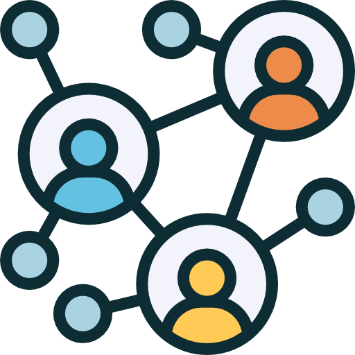 Icône montrant des cercles interconnectés avec des figures humaines simplistes à l'intérieur, représentant un réseau ou des connexions sociales.