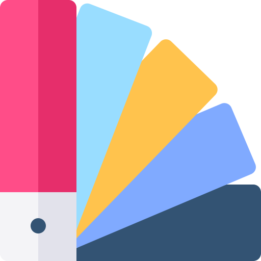 Une palette de couleurs déployée avec cinq échantillons en rose, bleu clair, jaune, bleu et bleu foncé, attachés à la base.