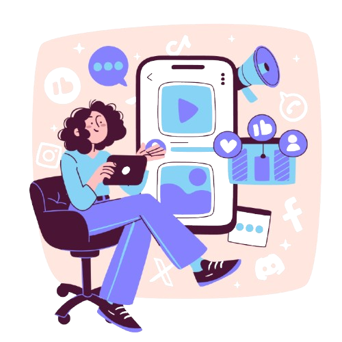 Illustration d'une personne assise sur une chaise utilisant une tablette, entourée d'icônes de médias sociaux et d'un grand smartphone affichant du contenu multimédia.