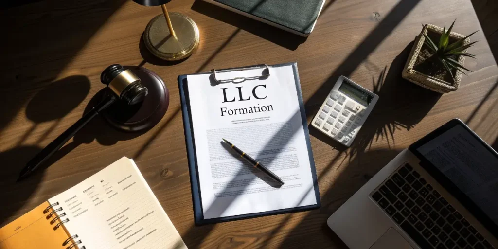 Un bureau avec une planchette à pince étiquetée "Formation de SARL", un stylo, un marteau, une calculatrice, un ordinateur portable affichant des documents de SARL, un planificateur, une lampe et une plante en pot disposée sur le dessus.