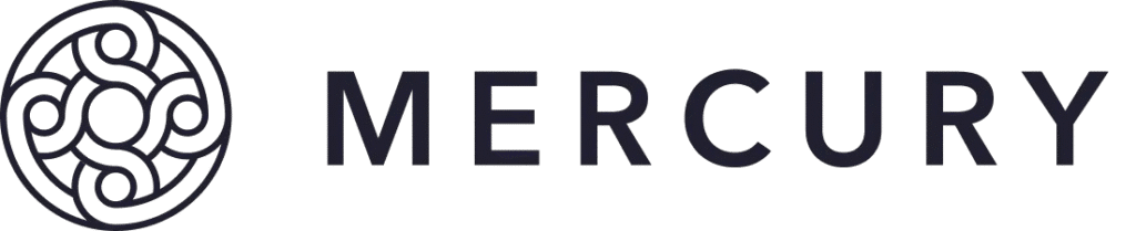 Logo Mercury avec un dessin abstrait circulaire à gauche et le mot "MERCURY" en lettres majuscules grasses à droite.
