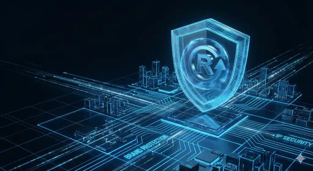 Glowing blue 3D shield protecting a registered trademark symbol (®) floating above a digital business grid.