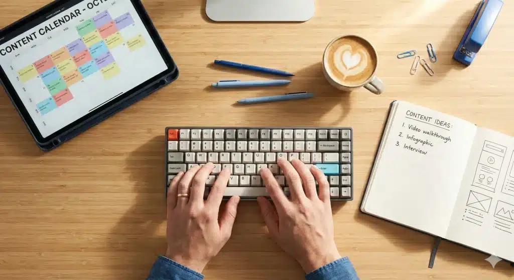 Top-down view of a content creator's workspace featuring a tablet with a monthly calendar, mechanical keyboard, coffee cup, and brainstorming notebook.