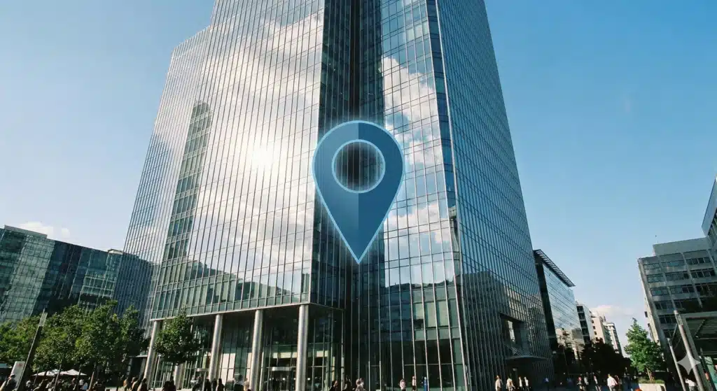 Low-angle view of a modern glass skyscraper facade with a digital blue location pin overlay, symbolizing a premium business address.