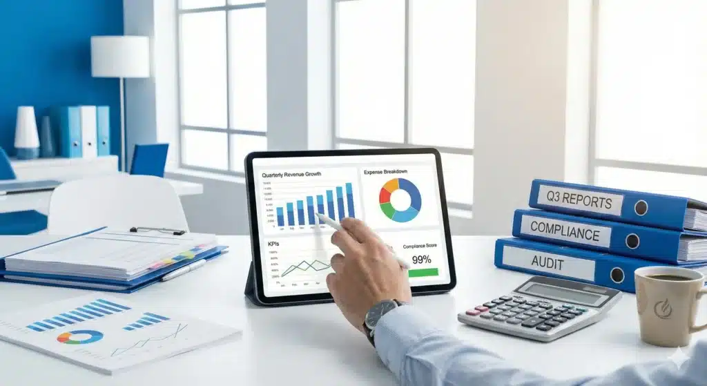 Tablet displaying financial KPIs and revenue charts on a white office desk, accompanied by a calculator and blue compliance binders.