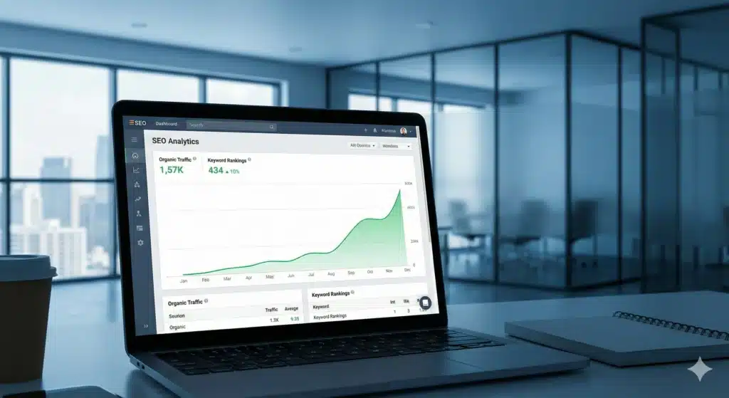 Close-up of a laptop screen displaying an SEO analytics dashboard with a rising green growth graph in a modern corporate office.