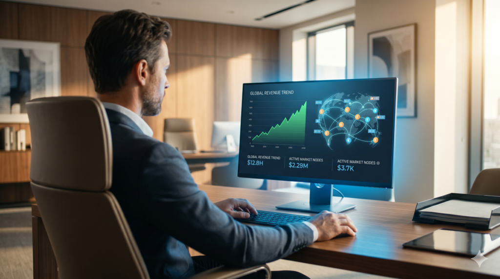 A man in a suit sits at a desk in a modern office, looking at a computer screen displaying data visuals, including a rising graph, world map, and financial figures.
