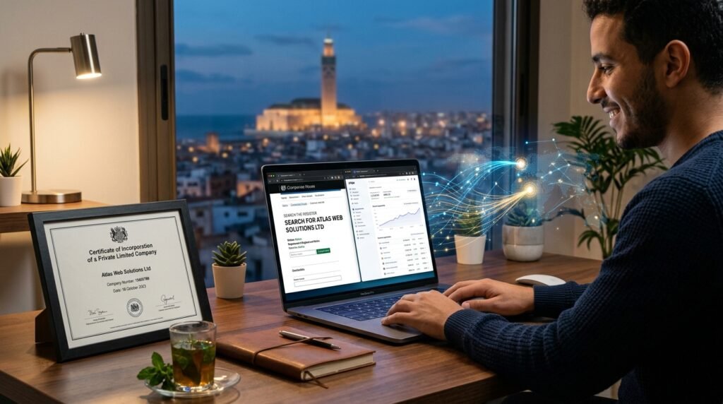 Entrepreneur marocain créant une société ltd en ligne avec son certificat d'immatriculation.