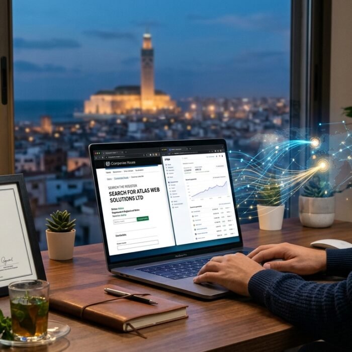 Entrepreneur marocain créant une société ltd en ligne avec son certificat d'immatriculation.