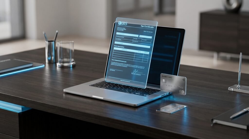A laptop on a modern desk displays a holographic tax certificate. A transparent credit card and a glass of water sit nearby, suggesting a high-tech, futuristic office environment.