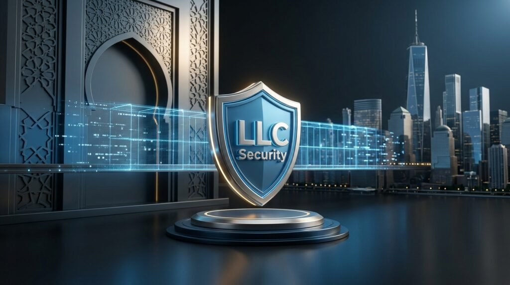 A digital shield labeled LLC Security stands on a pedestal, with a city skyline and a building with ornate patterns in the background, symbolizing business protection and security.