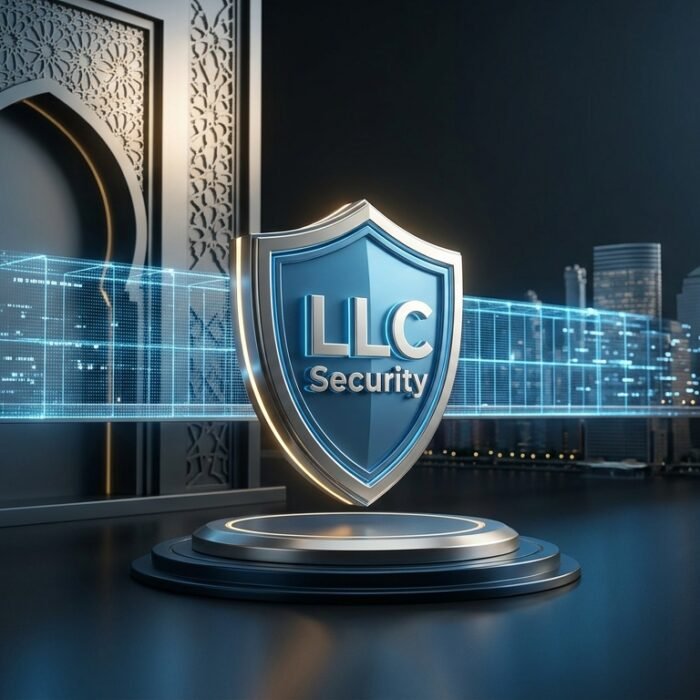 A digital shield labeled LLC Security stands on a pedestal, with a city skyline and a building with ornate patterns in the background, symbolizing business protection and security.