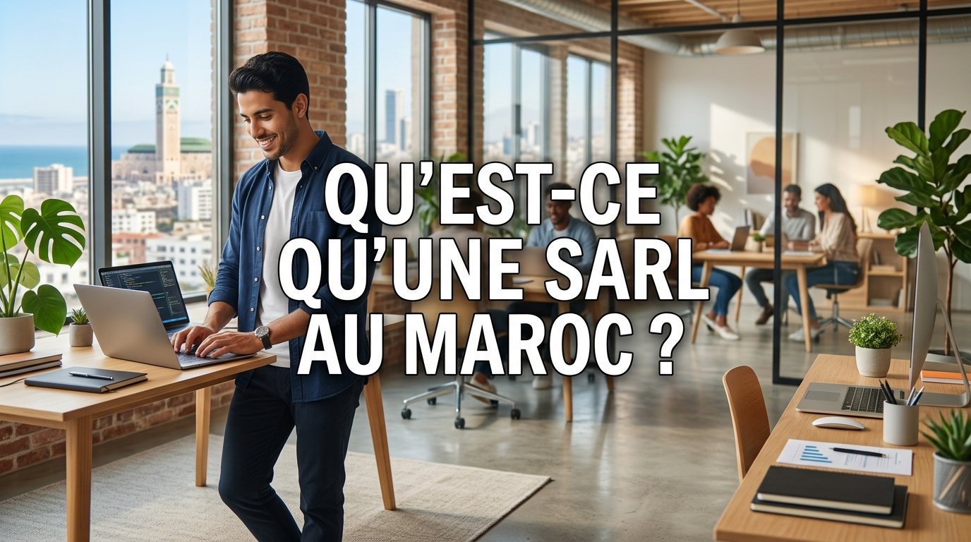 Un entrepreneur sourit devant son ordinateur dans un bureau, illustrant la question : qu'est-ce qu'une sarl au maroc ?