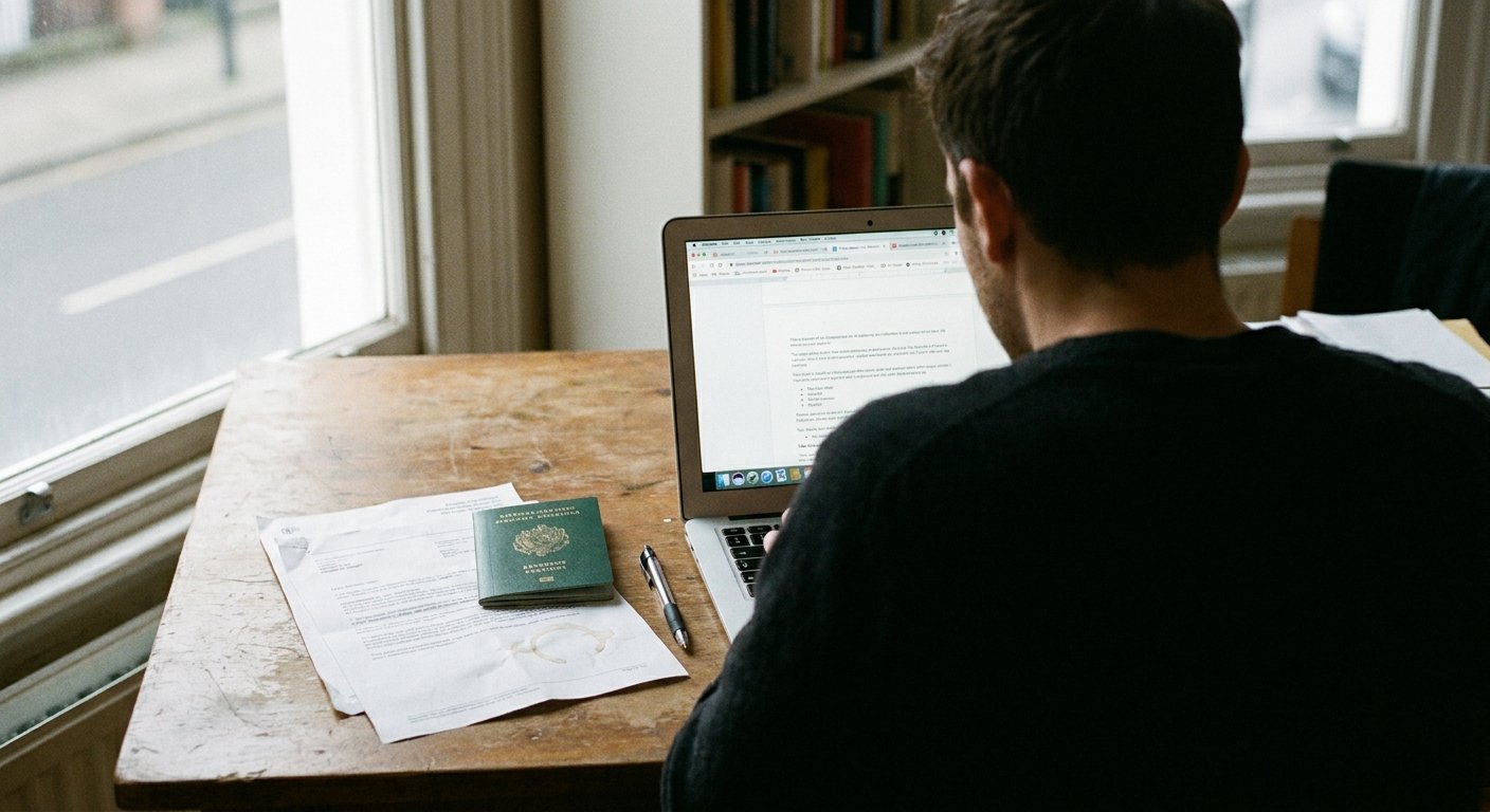 Un entrepreneur prépare sa demande de numéro ITIN avec son passeport et des documents fiscaux sur son ordinateur.