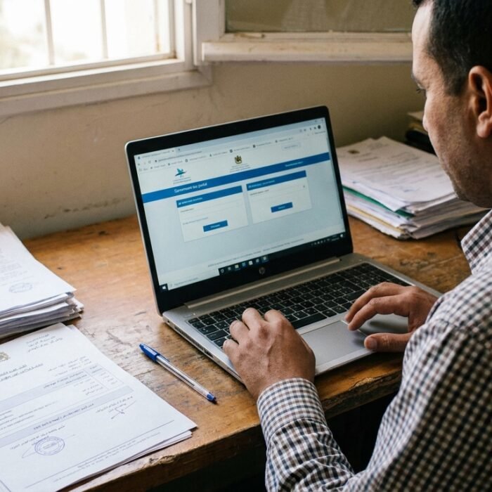 Un professionnel marocain consulte ses documents sur un bureau pour vérifier son identification fiscale Maroc.