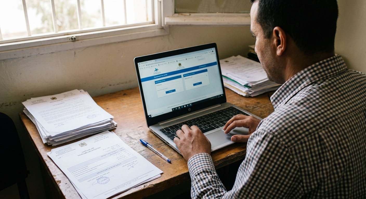 Un professionnel marocain consulte ses documents sur un bureau pour vérifier son identification fiscale Maroc.
