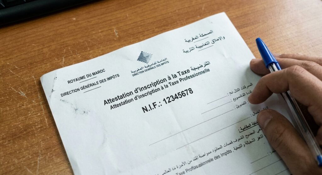 Gros plan sur un document officiel de l'administration fiscale marocaine et un stylo sur un bureau, identification fiscale maroc.