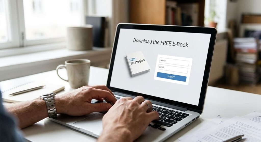 Visiteur remplissant un formulaire de contact sur une landing page pour leads génération.