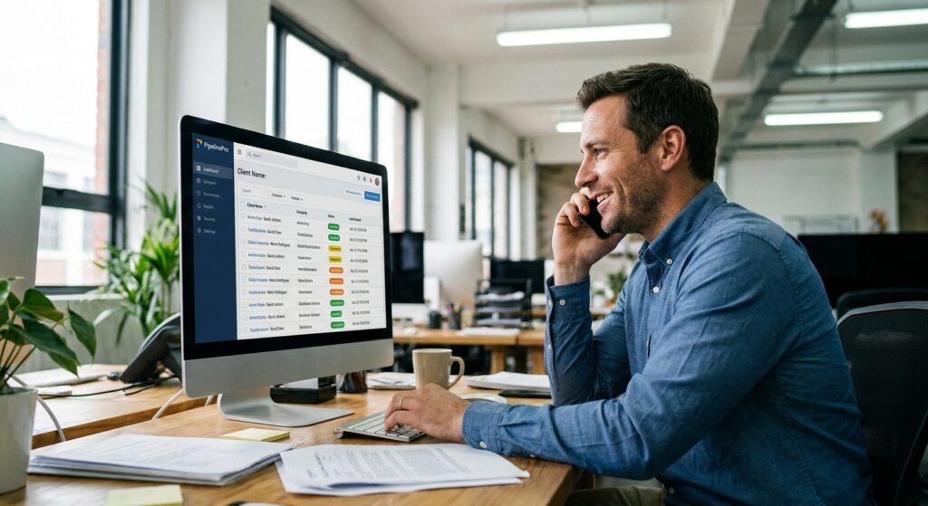 Un commercial qualifiant des prospects B2B sur son logiciel CRM après une campagne marketing, leads génération