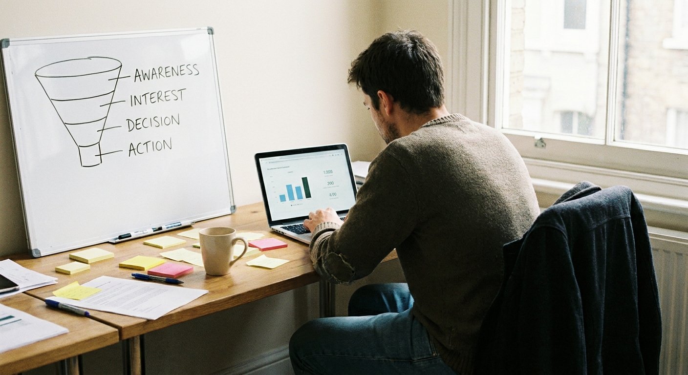 Un responsable marketing élaborant une stratégie de génération de leads avec un tunnel de conversion.