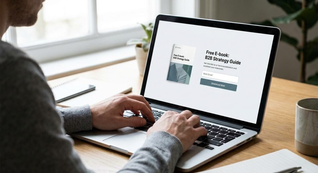 Un visiteur remplissant un formulaire sur une landing page pour télécharger un lead magnet, stratégie de génération de leads.