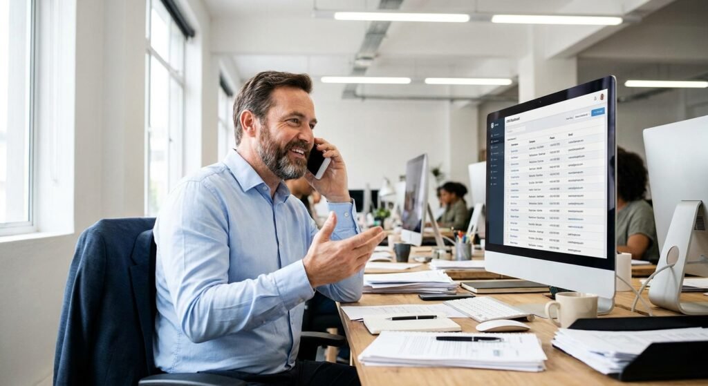 Commercial B2B appelant un prospect qualifié (SQL) en utilisant les données de son logiciel CRM, stratégie de génération de leads.